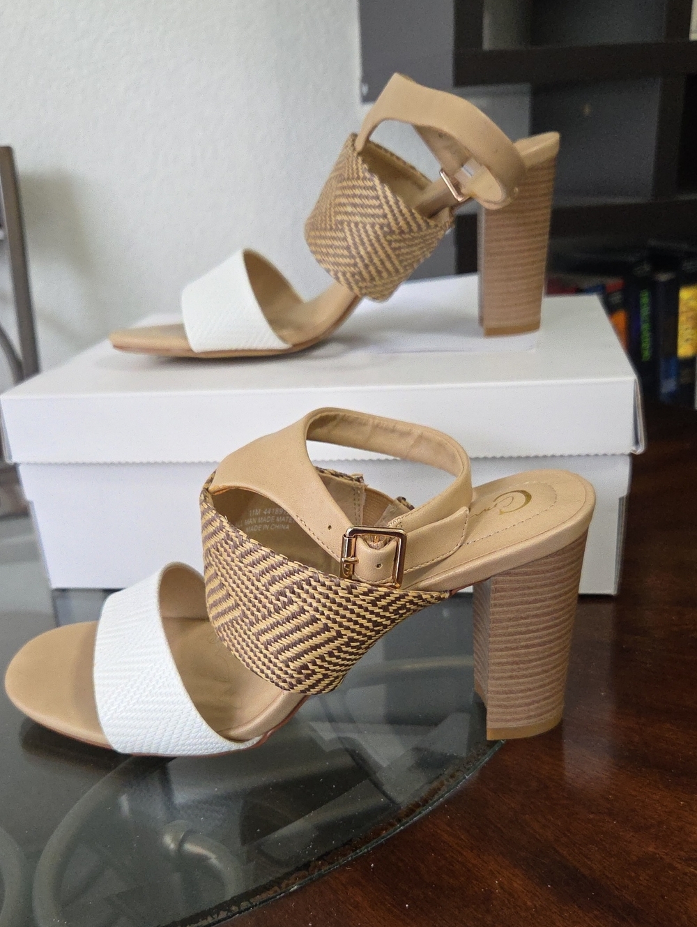 Neutral Two-Band Block Heel Sandal in White & Tan